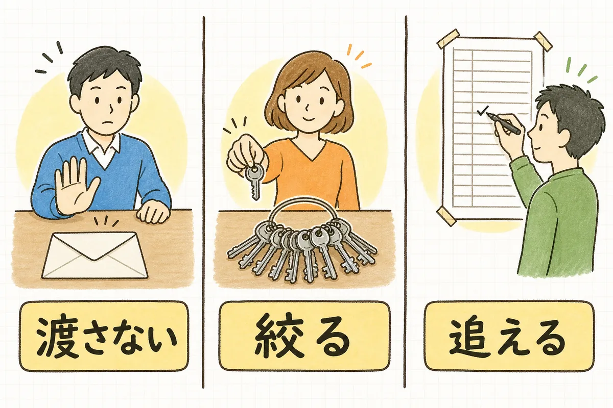封筒を手前で押しとどめる場面、たくさんの鍵から1本だけ選んで渡す場面、記録簿に印をつけて確かめる場面を並べた図