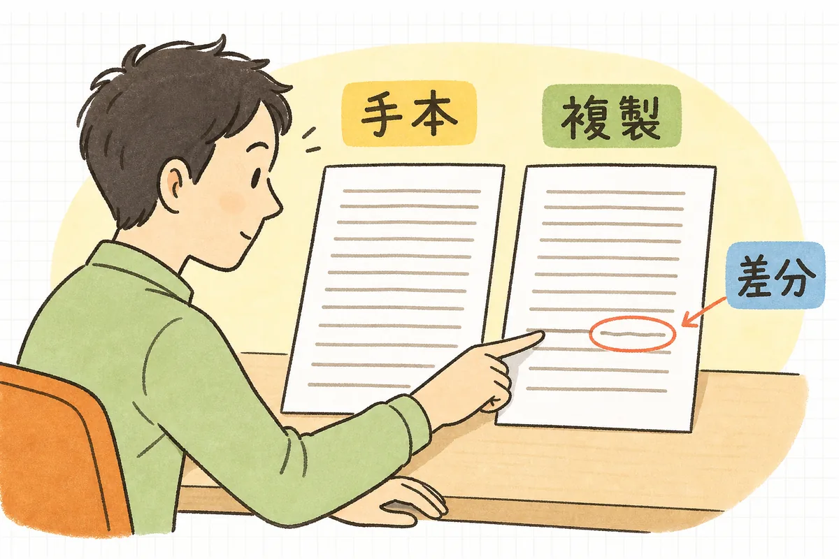 手本と量産物を左右に並べ、違っている一箇所だけに印がついている差分確認の様子を示した図