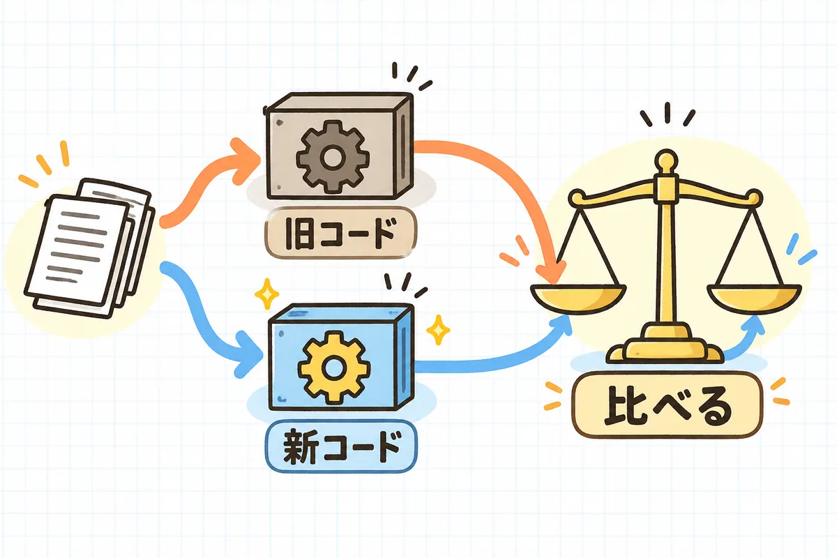 左に同じ入力データの箱があり、そこから上下2本の矢印が古いコードの箱と新しいコードの箱へ分かれ、それぞれの出力が右側の天秤で比べられている流れの図