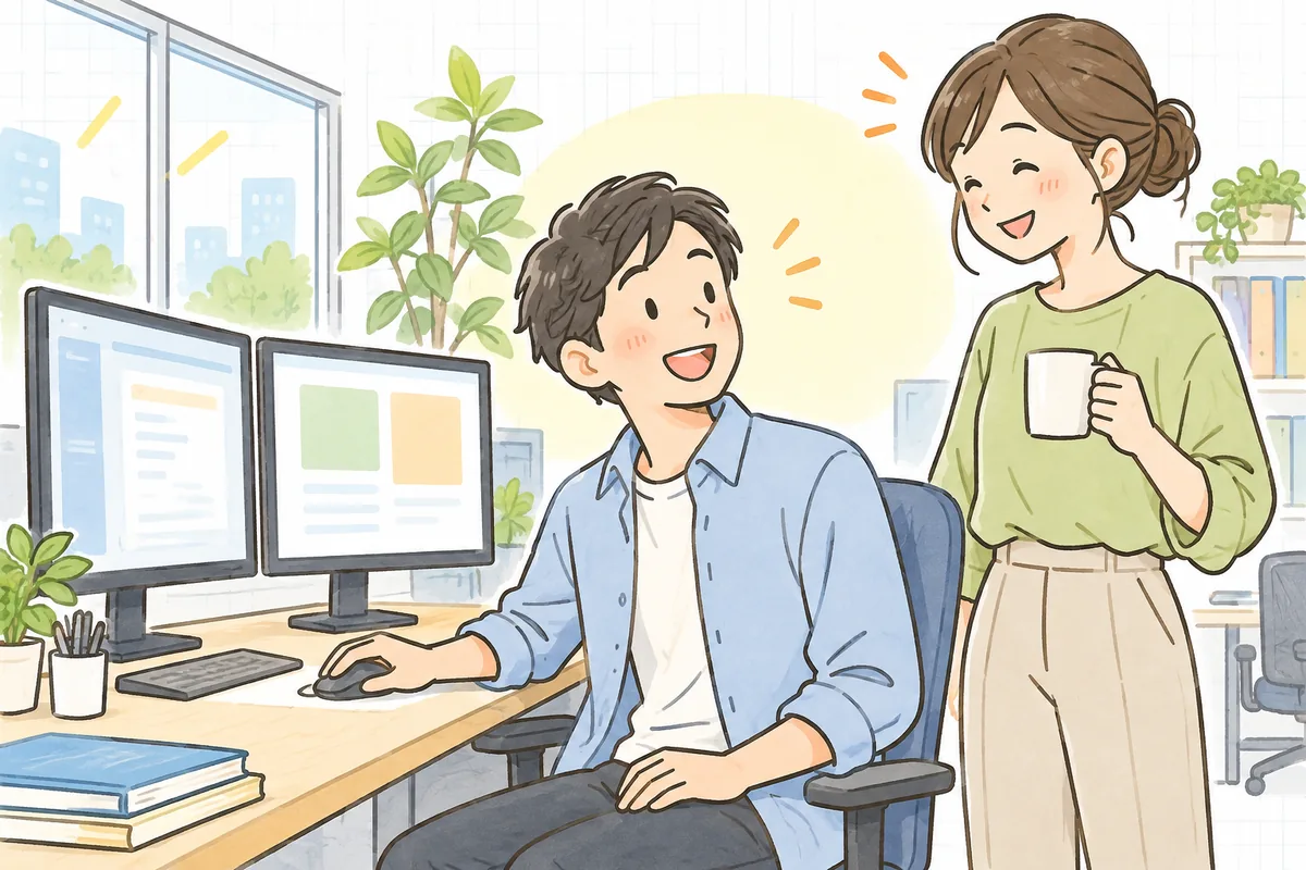 明るいオフィスで、2台のモニターの結果がそろったことを確かめ、ほっとした笑顔で隣の同僚と顔を見合わせる開発者