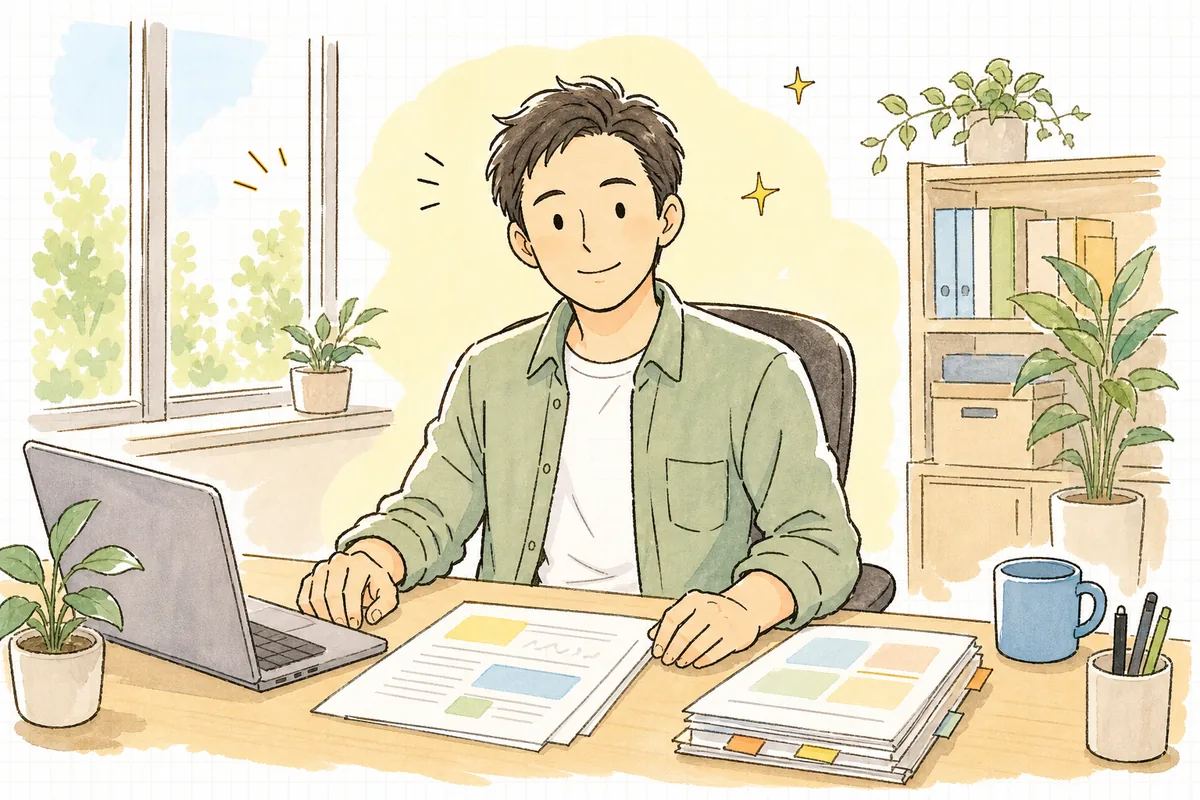 一次チェックで機械的な指摘が片づき、落ち着いて設計の確認に向き合えるようになった開発リーダーの安心した表情