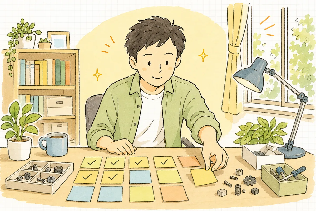 小さな部品を一つずつ確かめながら積み上げて機能が形になり、落ち着いた表情で次の一つに進もうとしている開発者