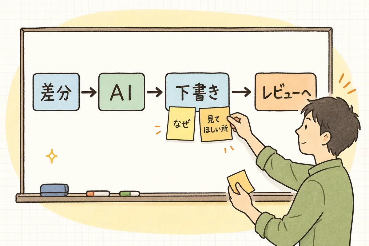 差分をAIに渡して下書きさせ、人が「なぜ」と「見てほしい所」を足してからPRを出す流れを示した図