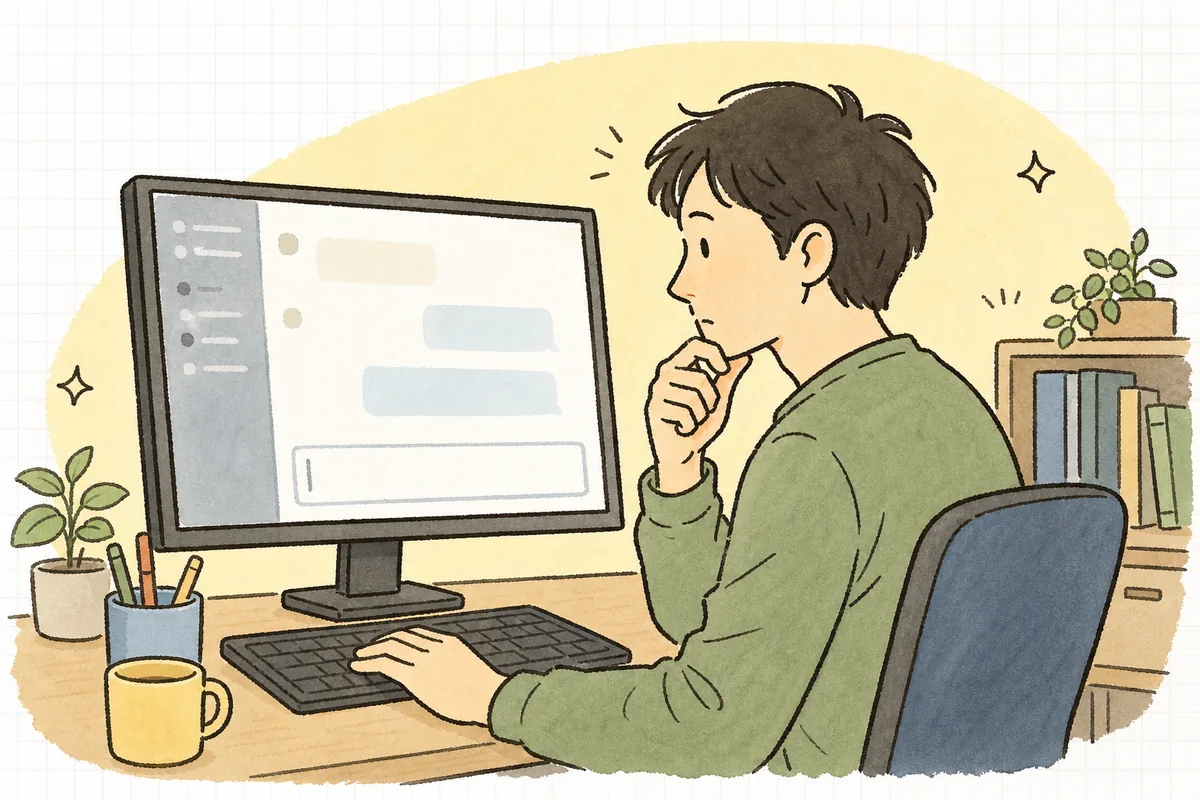ソースコードを開いたまま、AIのチャット欄に貼り付ける手前で一瞬手を止めて考えている開発者