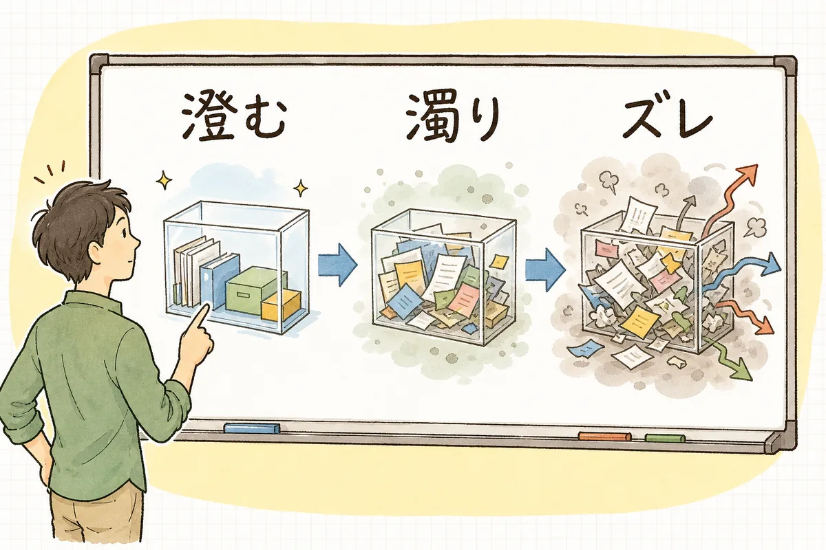 会話が短いうちは澄んでいた文脈が、やり取りを重ねるほど古い指示や訂正が混ざって濁っていき、AIの答えがブレていく様子を左から右への流れで示した概念図