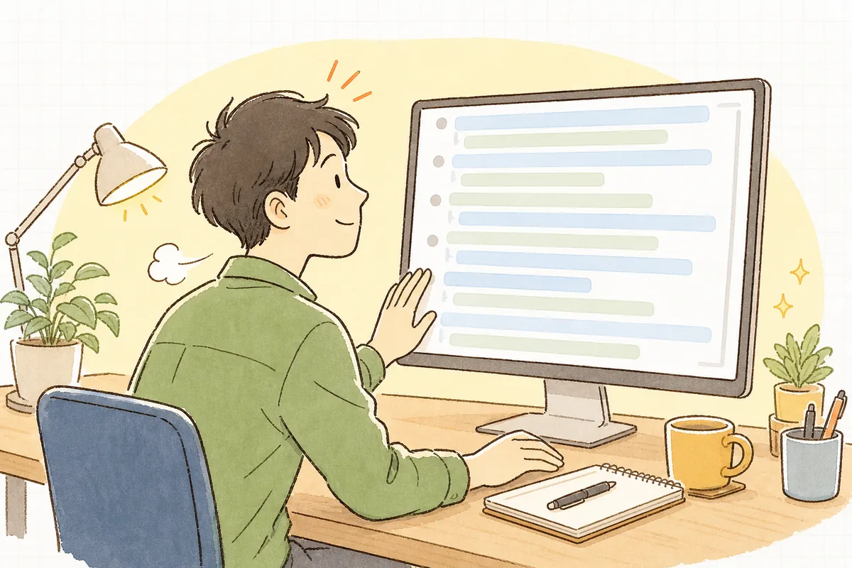 長く続いたAIとのチャット画面を前に、「これは一度仕切り直したほうが早いな」と気づいて新しい会話を始めようとしている落ち着いた表情の開発者