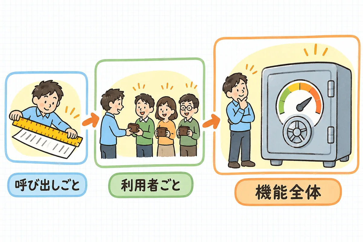 AIのコストを守る3段の上限を、左から「1回の呼び出しの長さを定規で測る場面」「利用者1人ひとりに小さな財布を渡す場面」「機能全体の大きな金庫を見守る場面」の3列で表した図