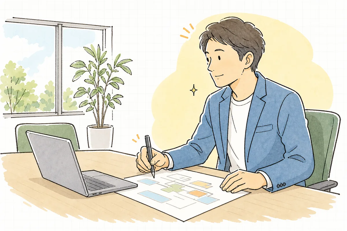 会議室でノートPCを前に、AI導入のコストとリスクをまとめた1枚の資料をどう作ろうかと落ち着いて考えている開発リーダー