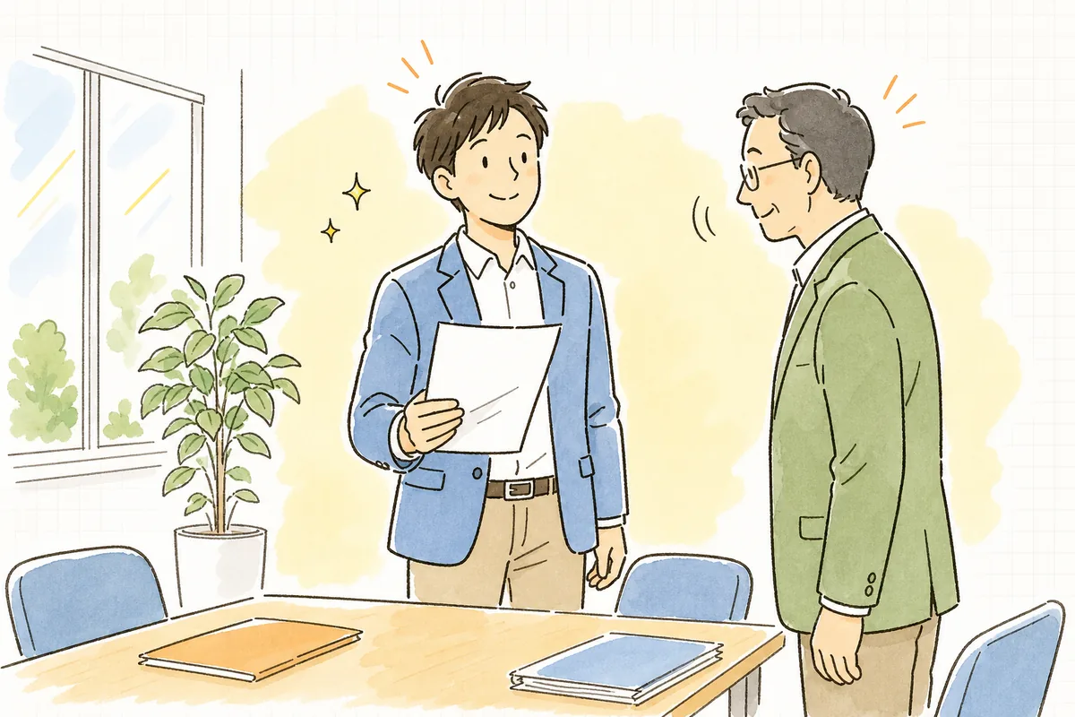 まとめ上げた1枚の資料を手に、上司と穏やかに合意できてすっきりした表情で前を向いている開発リーダー