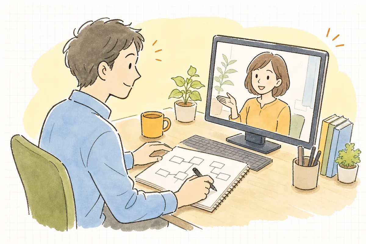 ノートに描いたテーブルの箱と線を前に、AIに設計を相談しながら落ち着いて考えを整理している開発者