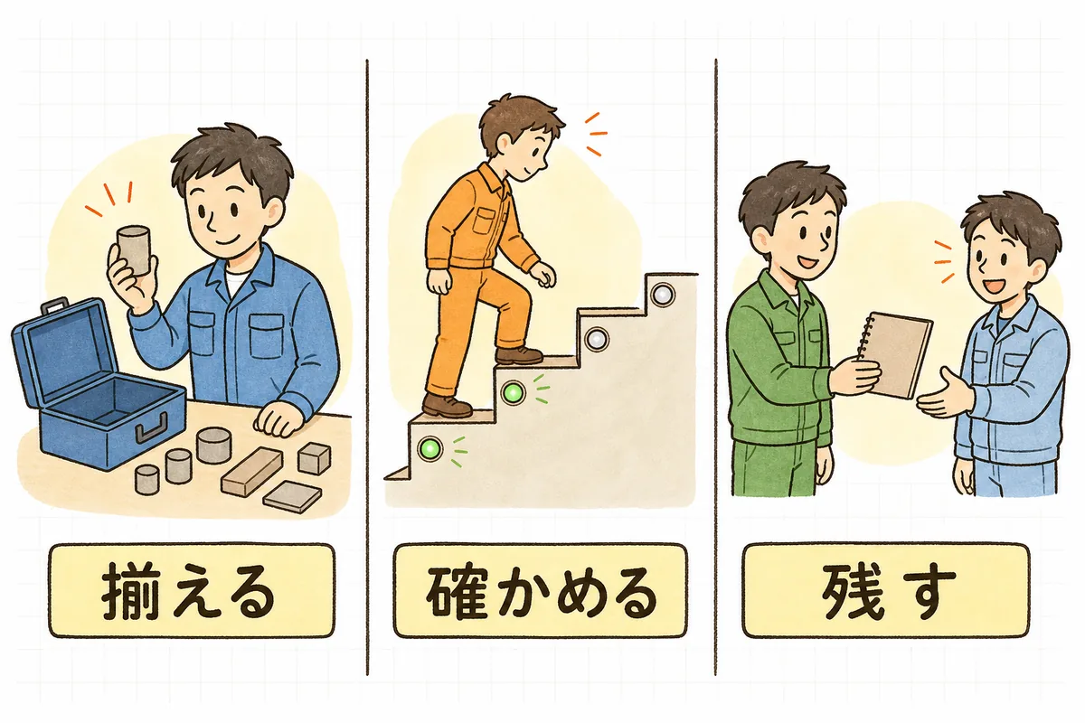 担当者が道具箱の中身と手元の部品を見比べてそろえる場面、階段を1段ずつ上がりながら段ごとに足元を確かめる場面、ノートに書き留めて隣の同僚に手渡す場面を並べた図