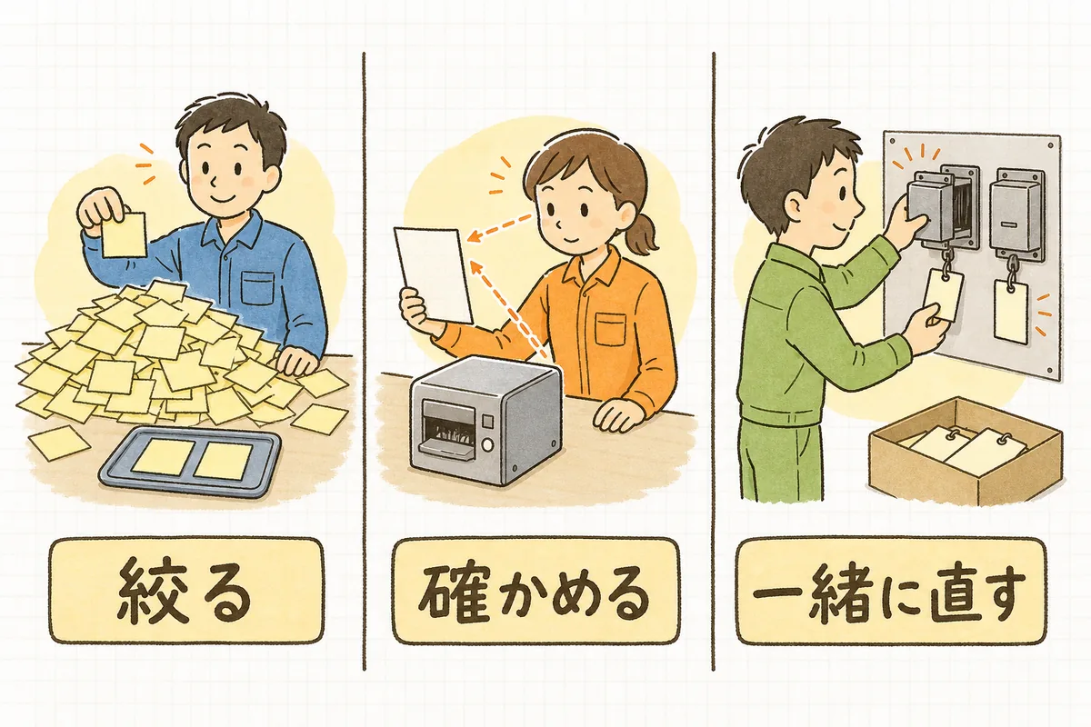 大量の付箋から数枚だけを選び取る場面、書類と機械を見比べて確かめる場面、部品の交換と同時に説明書きの札も付け替える場面を並べた図
