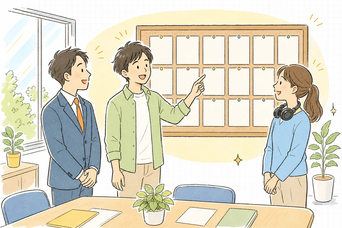 明るい会議室で、開発者と営業担当とサポート担当の3人が壁のボードに並んだカードを一緒に見ながら、納得した笑顔でうなずき合っている場面