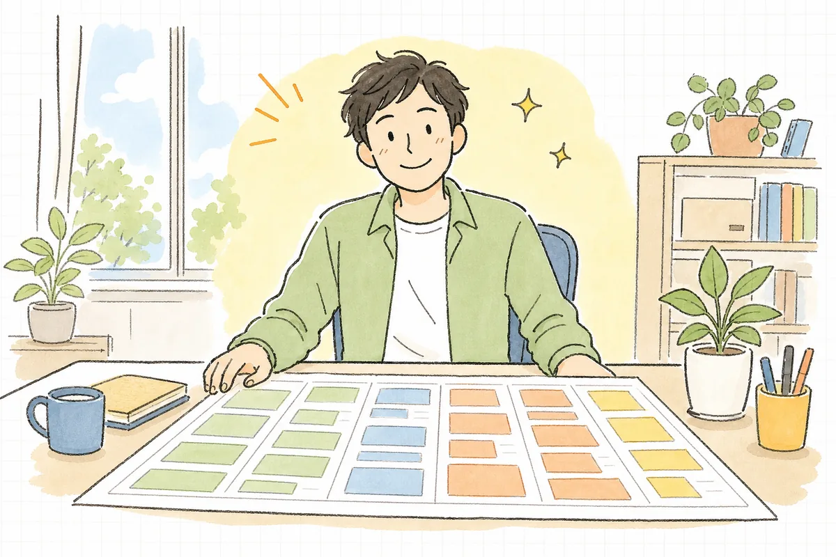 E2Eテストのシナリオが正常系から異常系まで一覧に埋まり、通しの確認に見通しが立って穏やかに次へ進む開発者