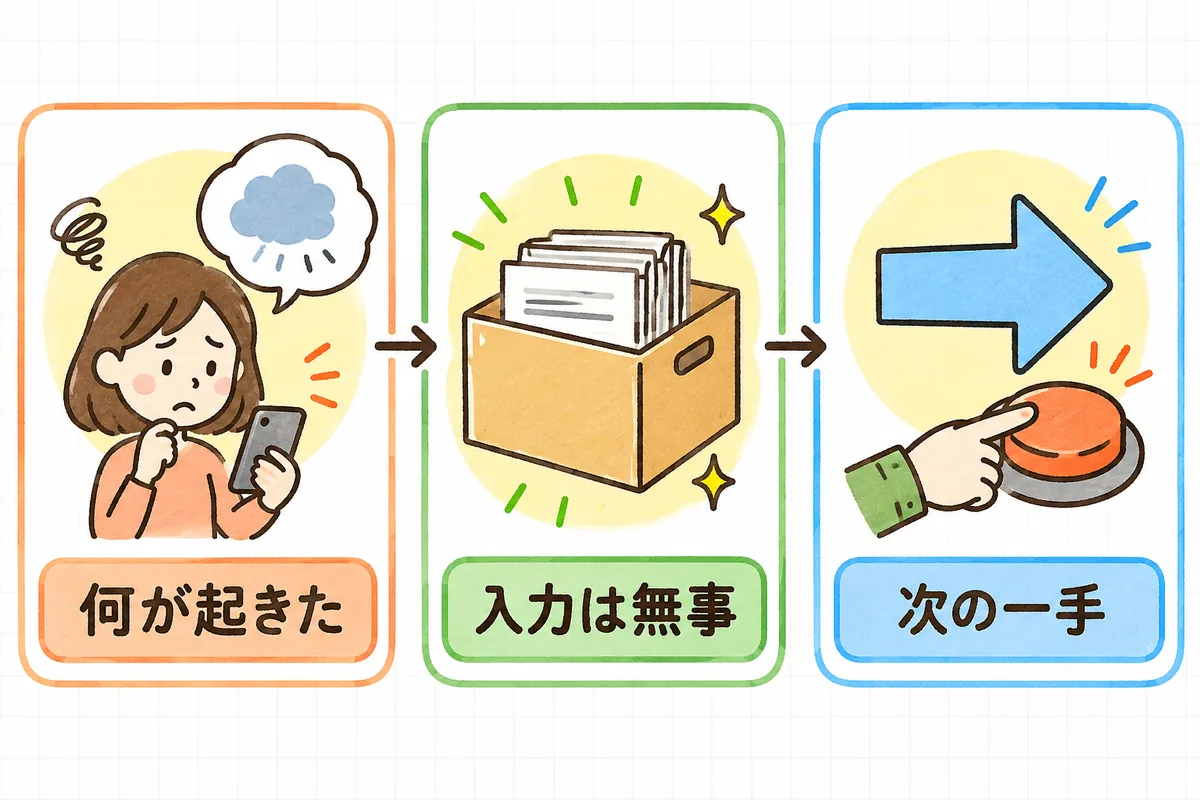 AI機能のエラー表示で必ず伝える3点(何が起きたか・入力は無事か・次の一手)を左から順に並べた図