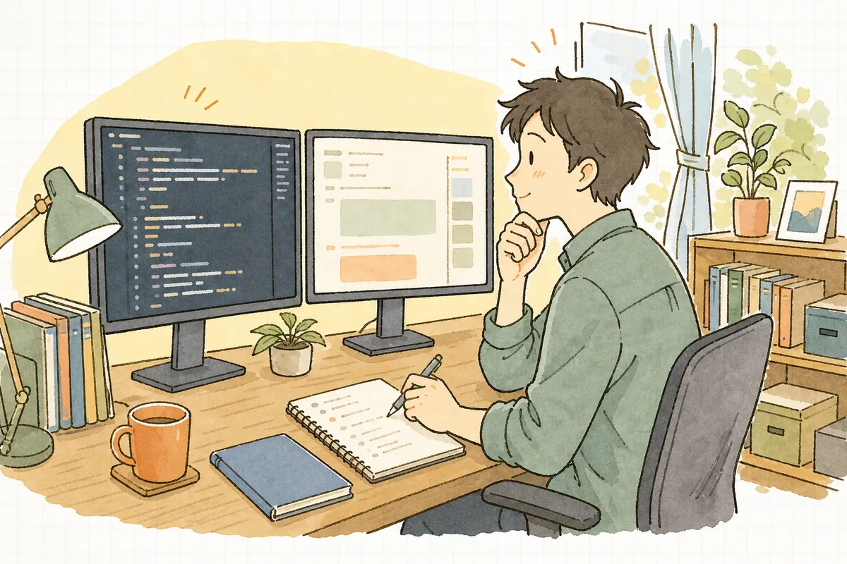 既存のコードを画面で見比べながら、AIに渡す文脈をどう整理しようか考えている開発者