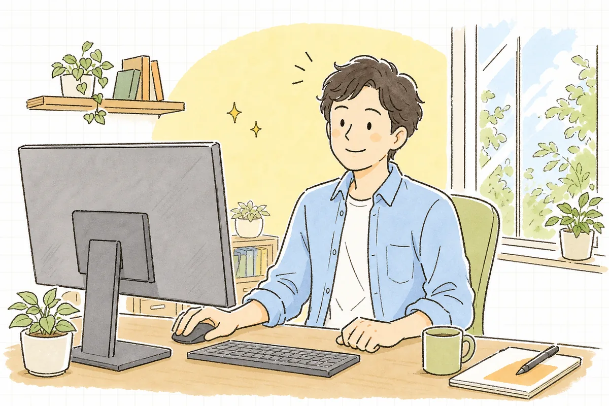AIが返したコードが既存コードにすっと馴染み、納得した表情でレビューを終える開発者