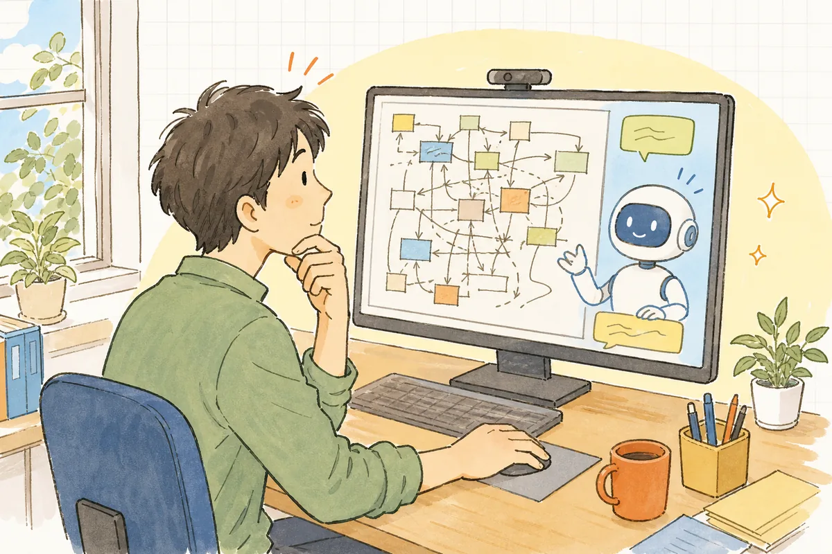 引き継いだ既存システムの構成図を画面に表示し、AIと対話しながら設計の意図を読み解こうとしている開発者
