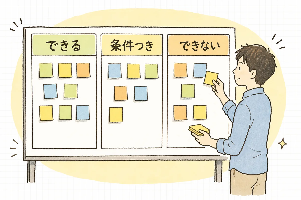 AIへの依頼を「できる」「条件つきでできる」「いまはできない」の3つの箱に仕分けしている概念図