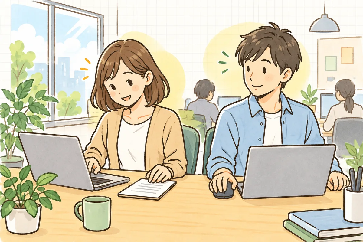 明るい午後のオフィスで、同僚が自分のノートPCで作業を進めていて、隣で開発者が穏やかに見守りながら自分の作業にも戻っている様子