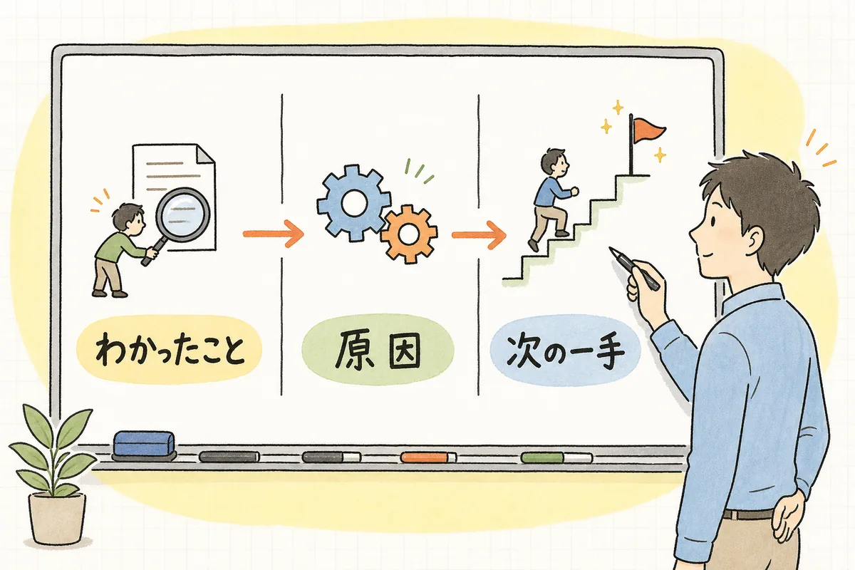 うまくいかなかったAIの試みを、わかったこと・原因・次の一手の3つの段に分けて整理している報告の構成図