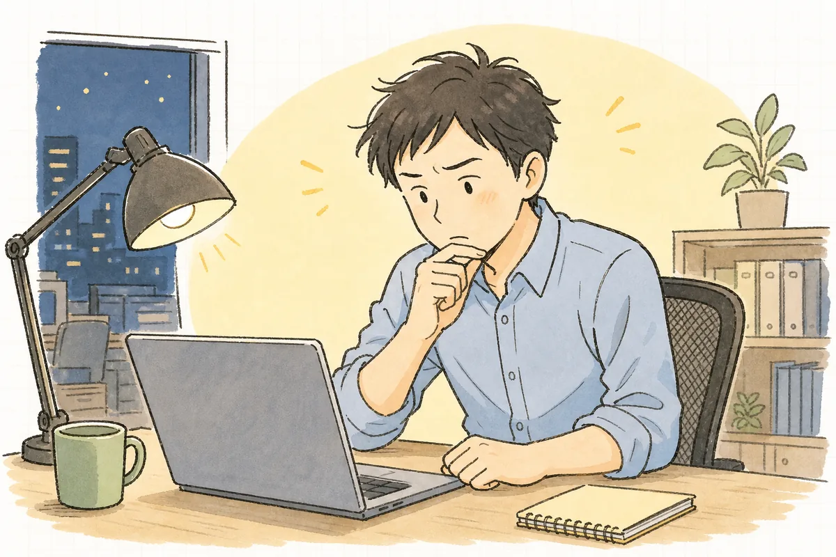 夜のオフィスで、うまくいかなかったAIの試行結果を前に、上司への報告をどう切り出すか考え込んでいる開発者