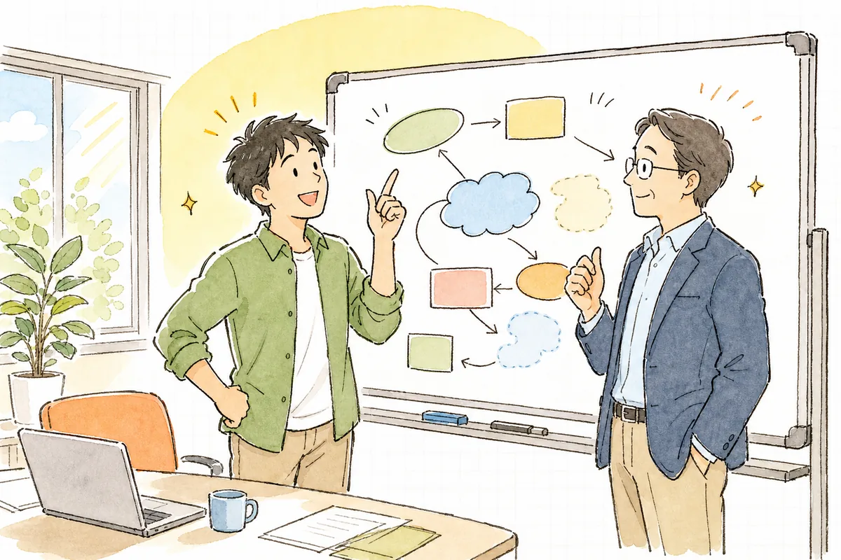 報告を終えた開発者が、上司と一緒に次に試す計画をホワイトボードの前で前向きに話し合っている