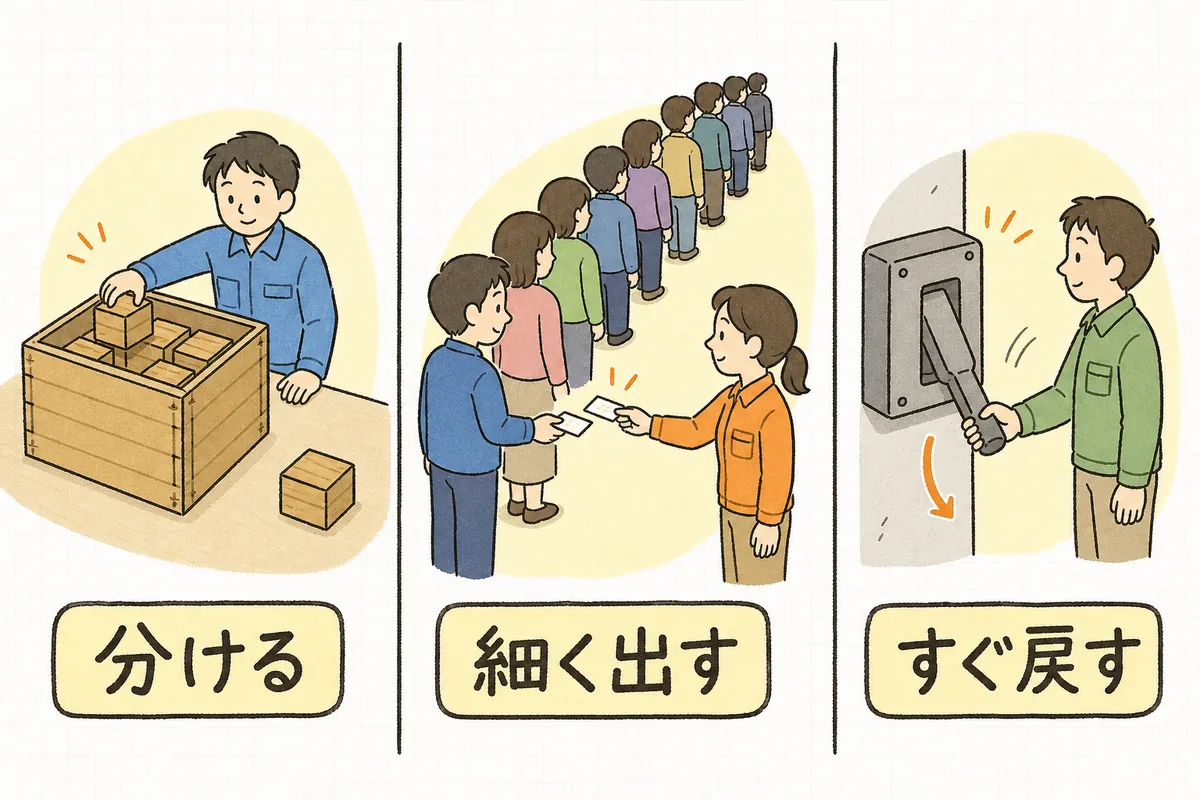 大きな箱から小さな箱を取り分ける場面、並んだ大勢のうち先頭のひとりにだけ配る場面、壁のレバーを倒して切る場面を並べた図