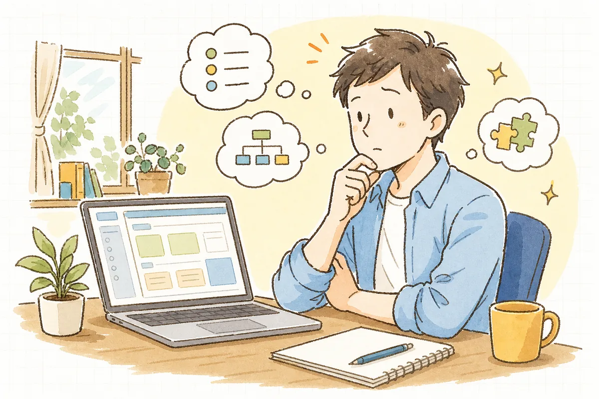 既存の業務システムの画面を前に、「ここにAI機能を載せる前に何を決めておくべきか」を一人で考えている開発者