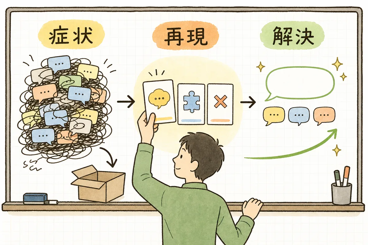 長く伸びた会話を一度閉じ、症状・最小の再現・試して効かなかったことの3点だけを新しい会話に持ち込んで問い直す流れを示した手順図