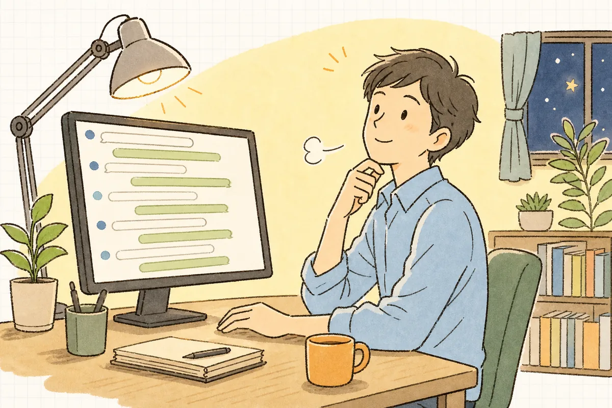 深夜、AIとのエラー修正のやり取りが何往復も続いて画面が長くなり、少し疲れた表情で「そろそろ一度手を止めよう」と顔を上げかけている開発者