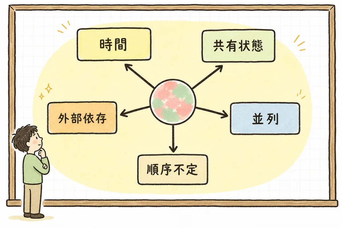 たまに落ちるテストの主な原因を、時間・共有状態・外部依存・並列・順序不定の5つに分けて示した図