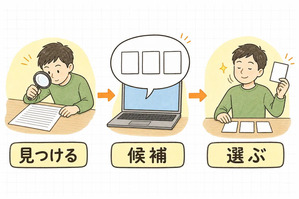 左から右へ3つの場面が並ぶ図。左はコードの書かれた紙を虫眼鏡で調べる場面で「見つける」、中央は吹き出しに名前の札が3枚並ぶ場面で「候補」、右は3枚の札から1枚を手に取る場面で「選ぶ」