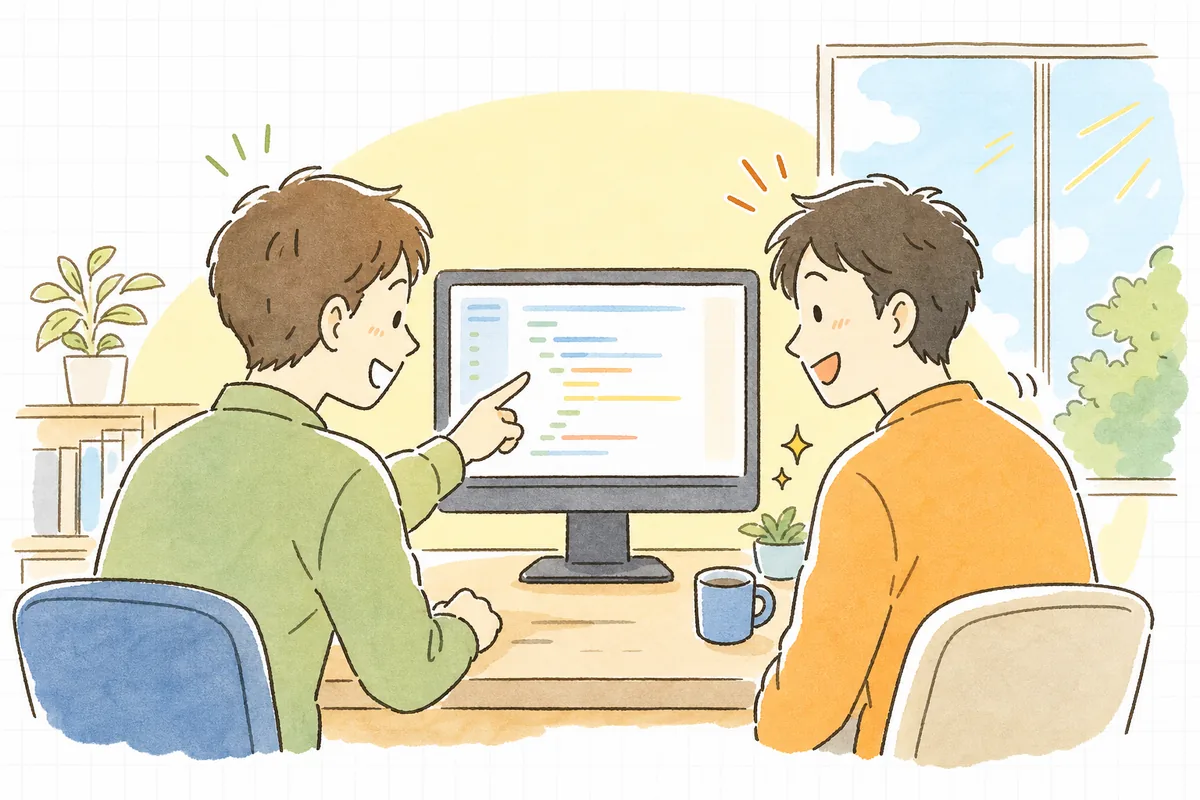 名前を整えたコードを同僚と一緒に画面で見ながら、すぐに意味が伝わって笑顔でうなずき合っている二人の開発者