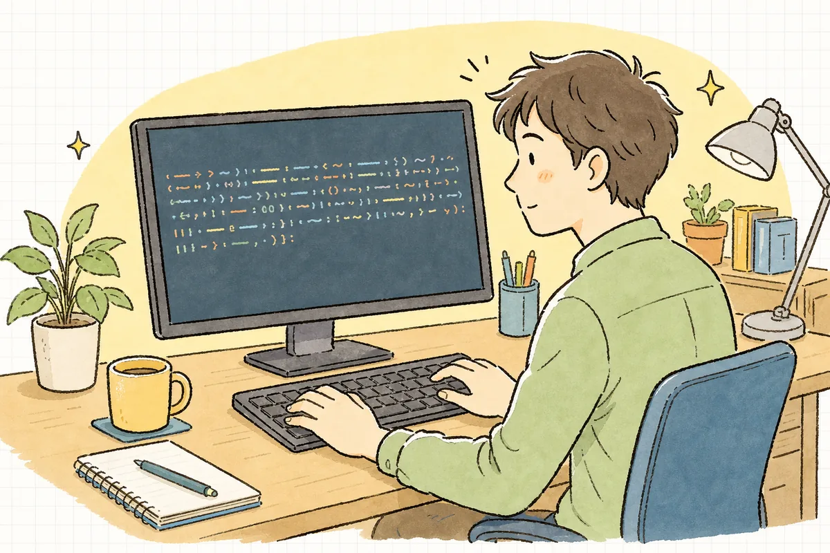 AIが返してきた長くて複雑な正規表現をエディタに映しながら、「これ、本当に正しく弾けてるのかな」と少し不安そうに、でも確かめようと落ち着いて画面に向かっている開発者