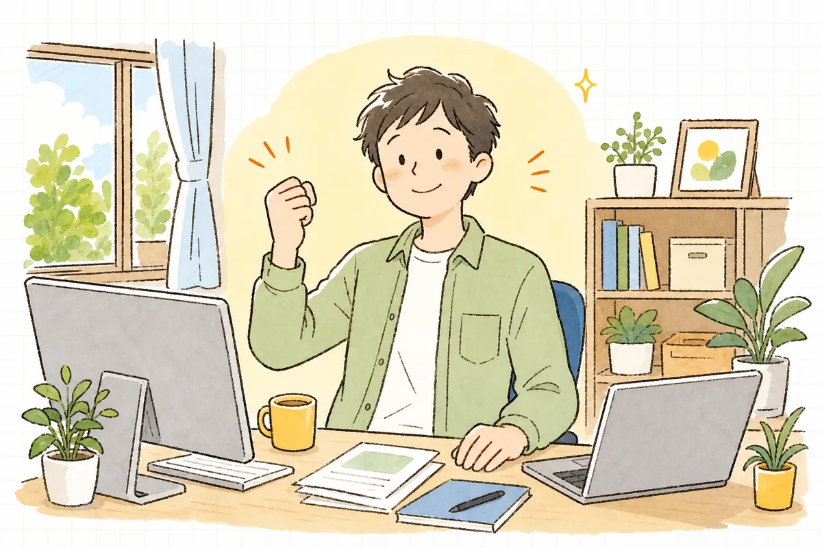 AIが書いた正規表現を通す・弾く・際どいの入力で確かめ終えて、「よし、これなら安心して使える」と表情がやわらぎ、次の実装へ落ち着いて向かおうとしている開発者