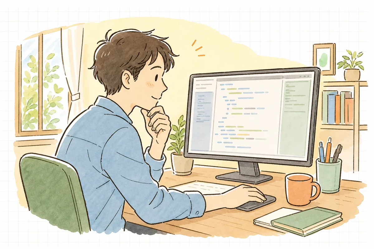 AIが返してきたSQLを前に、テストでは速いのに本番で重くなる予感を感じて一度手を止め、実行計画を確かめようとしている落ち着いた開発者