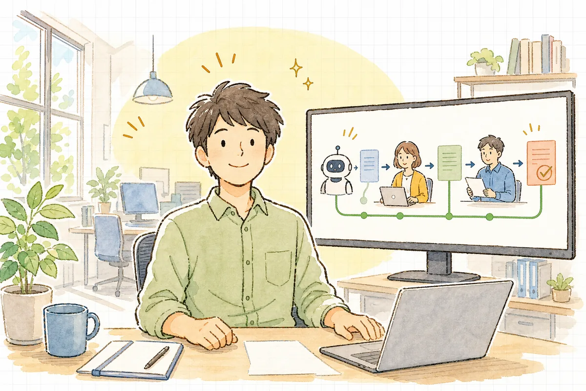 人の確認を組み込んだAIワークフローが落ち着いて回り、開発者が前を向いて穏やかに見守っている場面