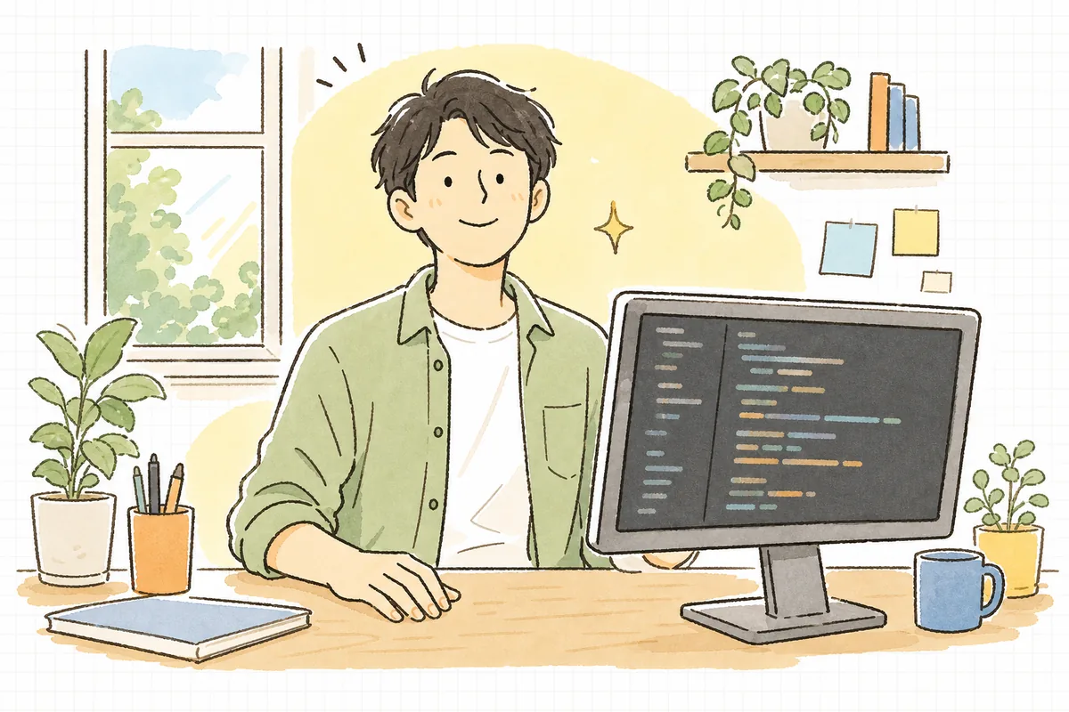 補完を使いつつ差分を読み返し終えて、自分が通したコードだと納得した表情で顔を上げている開発者