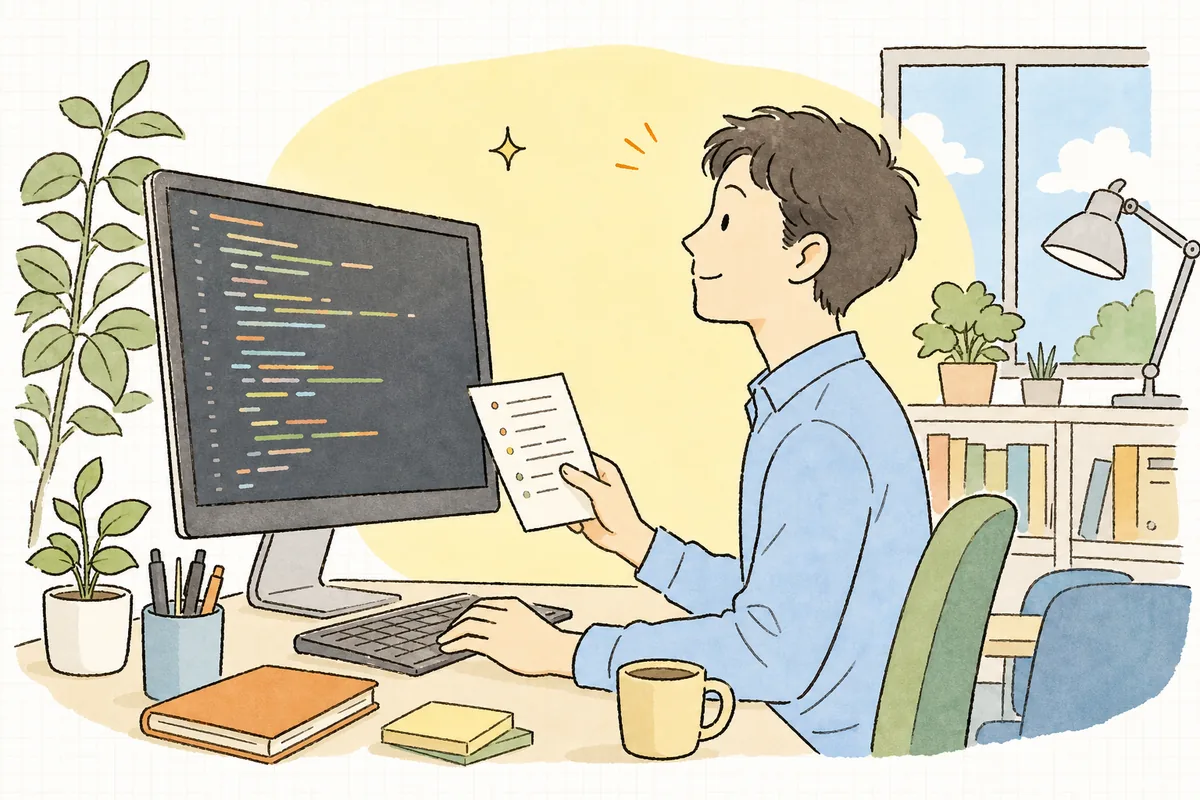 読み解いた仕様のメモを手に、これなら進められそうだと前向きな表情で古いコードに向き合う開発者