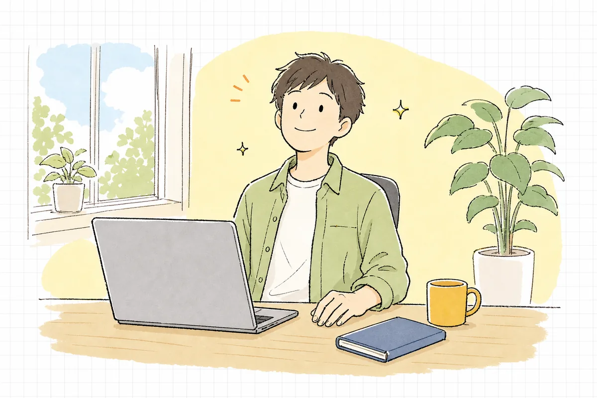バージョンアップを終え、落ち着いた表情で画面から顔を上げている開発者