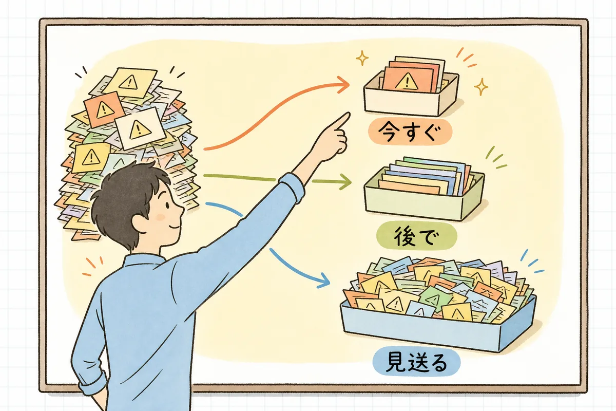 数百件の警告リストを、今すぐ直す・後で直す・今回は見送る の3つの箱に振り分けていく様子を示した概念図