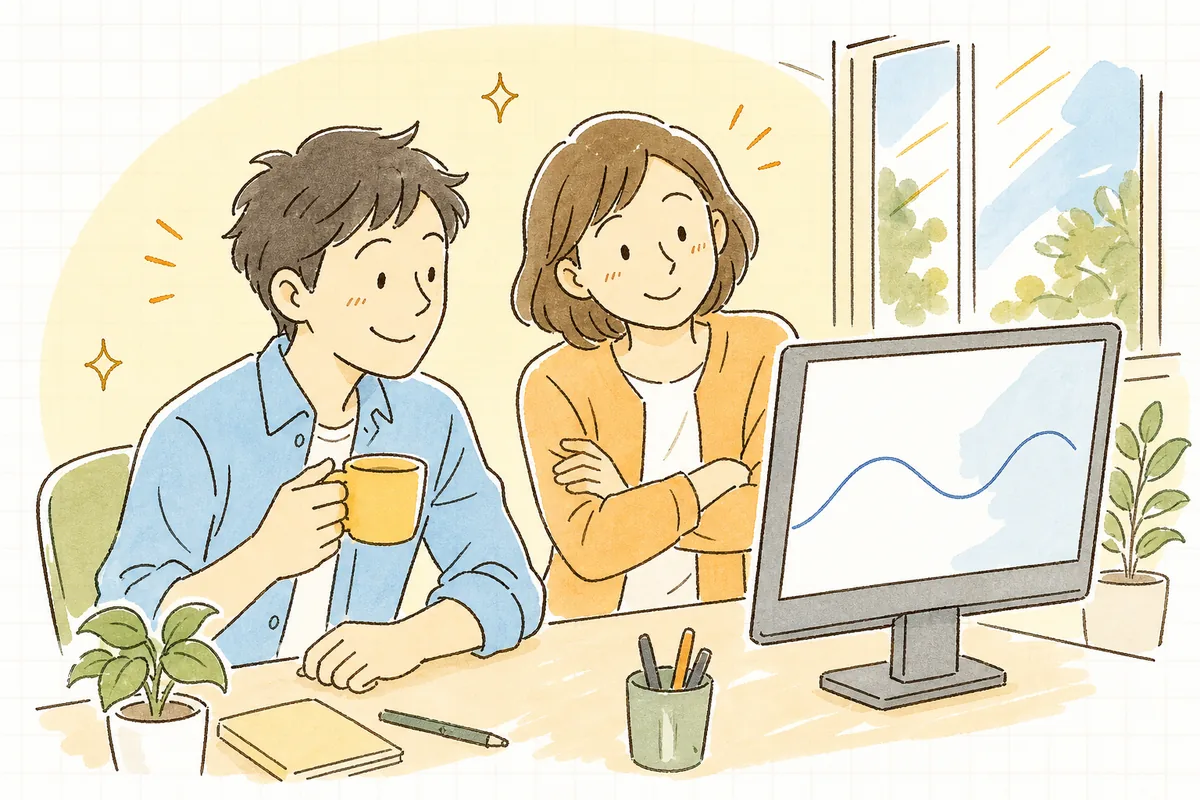 朝のオフィスで、負荷試験を終えたエンジニアが安定したグラフを映すモニターを前に、同僚と笑顔でうなずき合っている場面