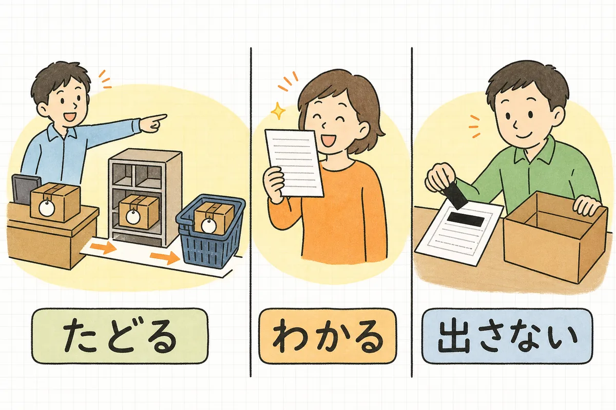 同じ番号札を付けた荷物が受付から配達まで一本の道を進む場面、1枚のメモを読んで納得している場面、書類の一部を目隠しシールで隠してから箱に入れる場面を並べた図