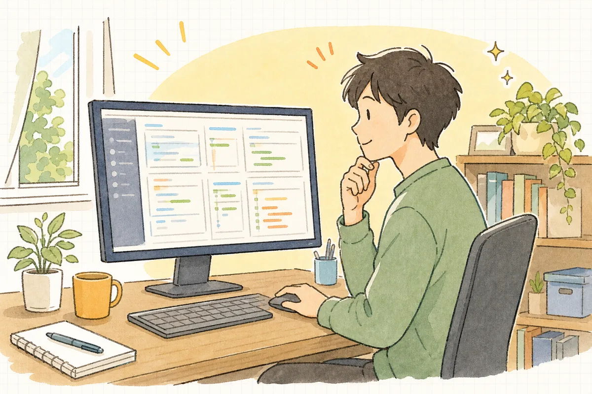 AIエージェントが複数のファイルをまたいで一気に書き換えた差分の量を前に、どこから確認すればいいか一度手を止めて落ち着いて眺めている開発者