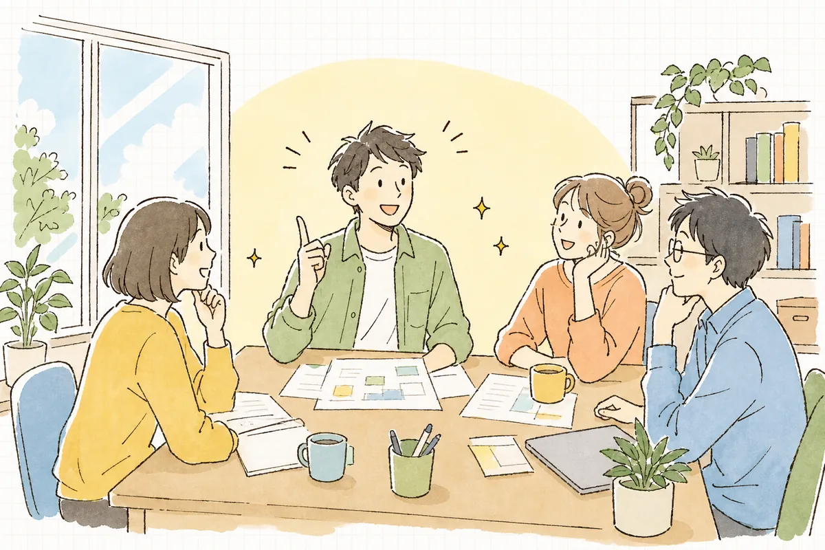 定例のあと、チームで小さく試すAI活用の計画を立て、前向きな表情で顔を上げる開発者