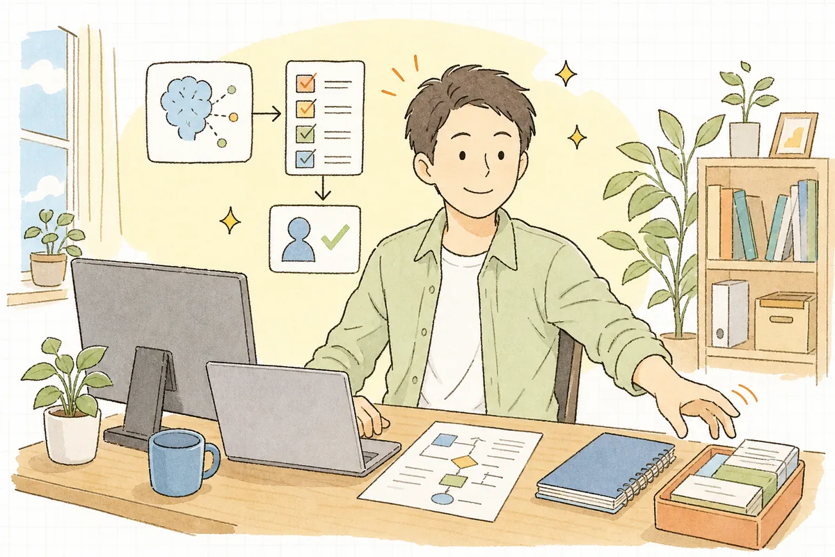 書き戻す前の確認の仕組みを整え終えて安心し、落ち着いた表情で次の作業に向かおうとしている開発者