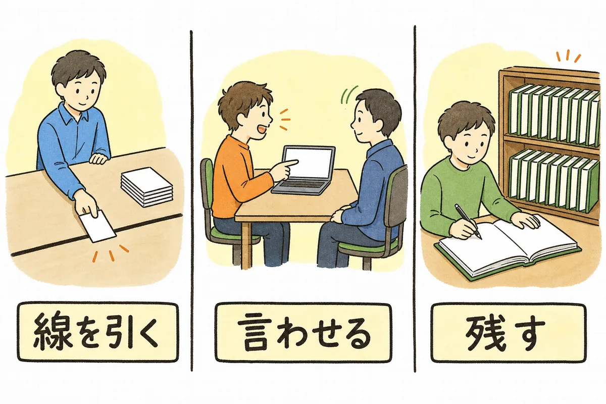 机に引いた線の手前へカードを1枚取り分ける場面、二人で画面を見ながら片方が説明している場面、ノートに書いて棚へ並べる場面を並べた図