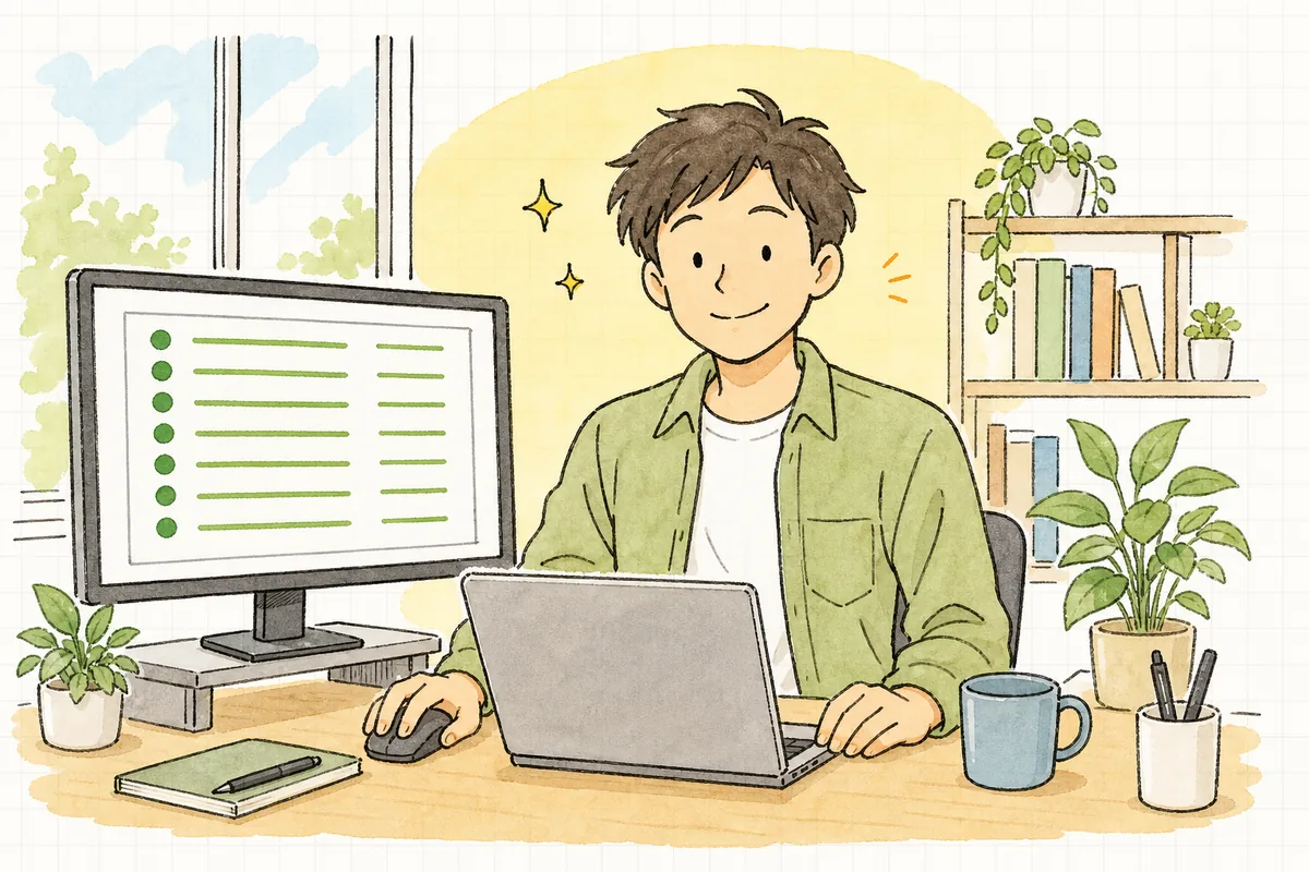 既存の挙動が壊れていないことをテストで確認でき、安心してAIに任せられるようになった開発者の穏やかな表情