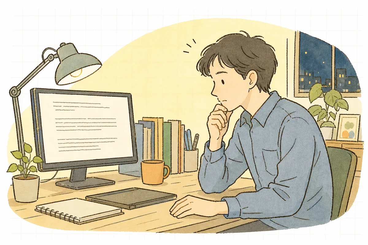 稼働中のAI機能の出力を画面で読み返しながら、以前より品質が落ちていないか静かに確かめている開発者